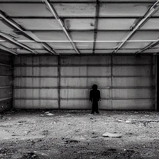 Prompt: dark lonely figure in an abandoned garage