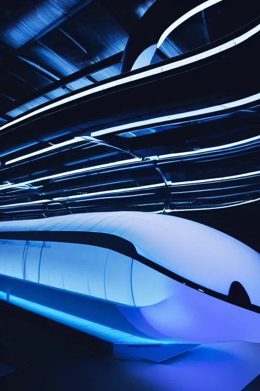 Image similar to transparent long dark blue plastic hyperloop by zaha hadid, space capsule glowing in the dark, dark moody monochrome colors,