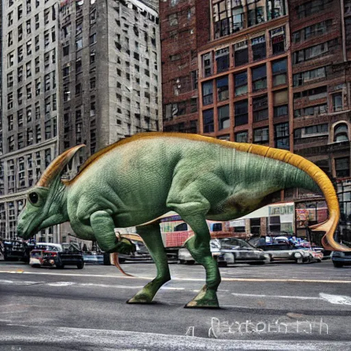 Image similar to realistic photograph of a parasaurolophus in the middle of a busy street new york