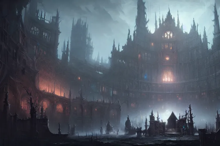 Prompt: collaborative environment concept art by Tyler Edlin, Andy Park, Feng Zhu, James Paick, Ryan Church, in the style of Bloodborne