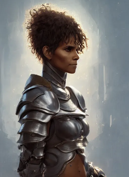 Image similar to portrait of halle berry as a legendary knight warrior, au naturel, hyper detailed, digital art, trending in artstation, cinematic lighting, studio quality, smooth render, unreal engine 5 rendered, octane rendered, art style by klimt and nixeu and ian sprigger and wlop and krenz cushart.