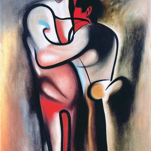 Prompt: Oil painting by Roberto Matta. Two mechanical gods kissing. Portrait by Marlene Dumas. Dali.