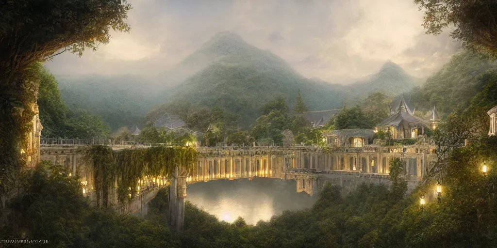 Image similar to Rivendell, looking out from the balcony, evening, detailed matte painting, cinematic, Alan Lee, Artstation