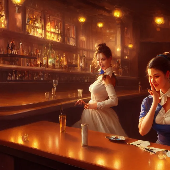 Image similar to a waitress singing on a table in a bar, elegant, real life skin, intricate artwork, high detailed, artstation, concept art, smooth, sharp focus, art by artgerm and greg rutkowski