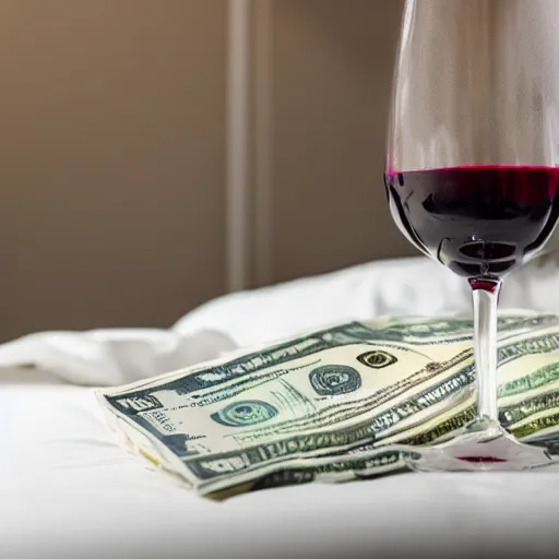 Prompt: money stained with wine on a white bed, photorealistic, detailed, dramatic