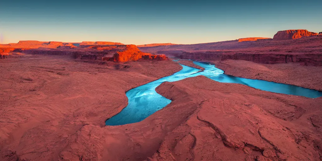 Image similar to a river bend running through a canyon surrounded by desert mountains at sunset on mars, planet mars, moab, utah, a tilt shift photo by frederic church, trending on unsplash, hudson river school, photo taken with provia, national geographic photo