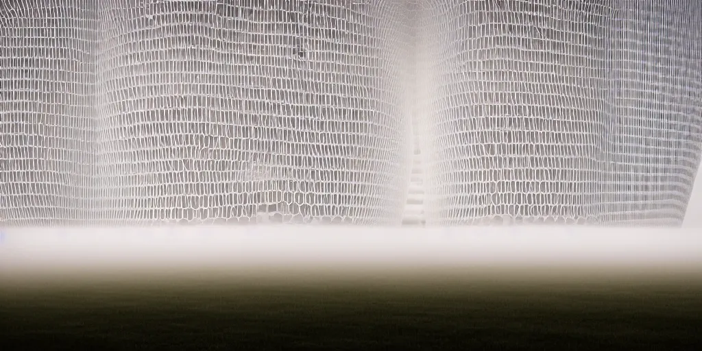 Prompt: white honeycomb organic illuminated building with warm illumination inside by kendall buster sits on the field evening atmosphere in low fog, 4 k, insanely quality, highly detailed, telephoto lens, shallow depth of field