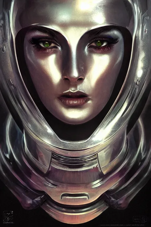 Image similar to retro-futuristic female android in old scratched chrome armour, vintage used look, facial portrait, rim light, ornate pattern, glowing eyes, evil expression, painting by vincent di fate, artgerm julie bell beeple, Smooth gradients, High contrast, depth of field, very coherent symmetrical artwork