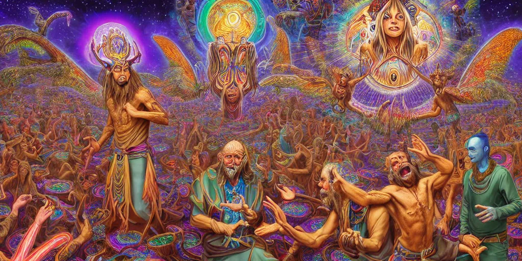 Image similar to hyper detailed portrait of a dmt spirit guide greeting a lost psychonaught, friendly dmt time elves, cathedral background, masterpiece composition, 8 k resolution, ultra fine illustration, tokio aoyama, alex grey, todd schorr, highly detailed,