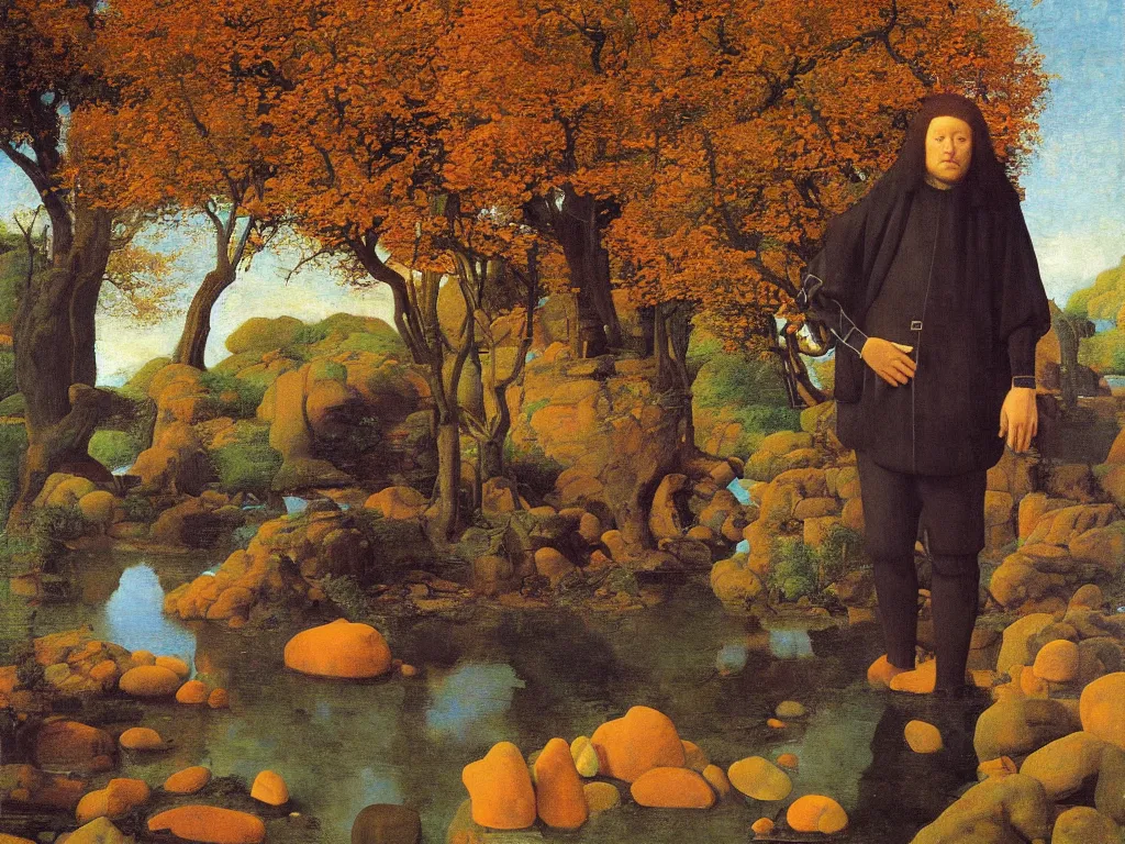 Image similar to Portrait of an artist in front of his canvas, knee deep in a river. Humanoid rocks, coral-like pebbles, autumn light. Painting by Jan van Eyck, Georges de la Tour, Rene Magritte, Jean Delville, Max Ernst, Walton Ford