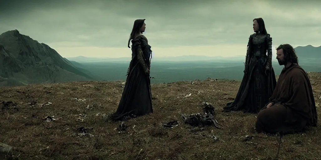 Image similar to film still of woman on a throne and knight standing below on a knee, on a mountain of dead knights by emmanuel lubezki