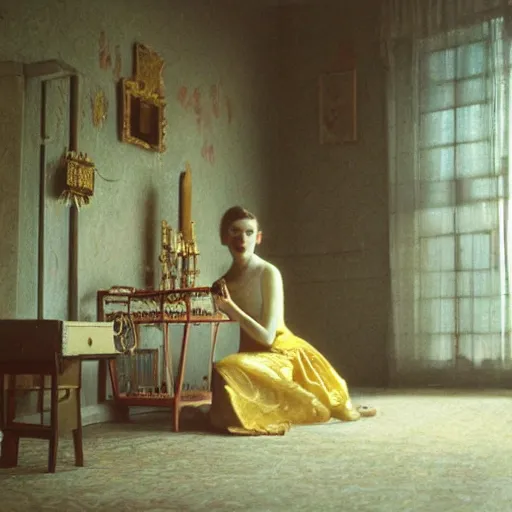 Image similar to a young ivory and golden filigree girl in an soviet liminal abandoned room, film still by wes anderson, depicted by balthus, limited color palette, very intricate, art nouveau, highly detailed, lights by hopper, soft pastel colors