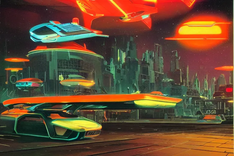 Image similar to retro futuristic metropolis, futuristic flying cars, neon lit, made by vincent di fate