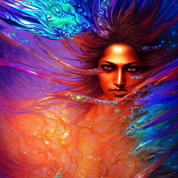 Image similar to ultra detailed stunning digital painting of a angry indian anime girl, skin made out of chrome, covered in a sea of iridescent liquid, lost in a dreamy oriental realm by Karol Bak, Moebius, hiroshi yoshida, Druillet, xsullo, colorful, front view, vivid colors, 8k, coherent, anime vibes, uplifting, magical composition, artstation, synthwave, 8k, coherent, artgerm, uplifting, unreal engine, magical composition, artstation