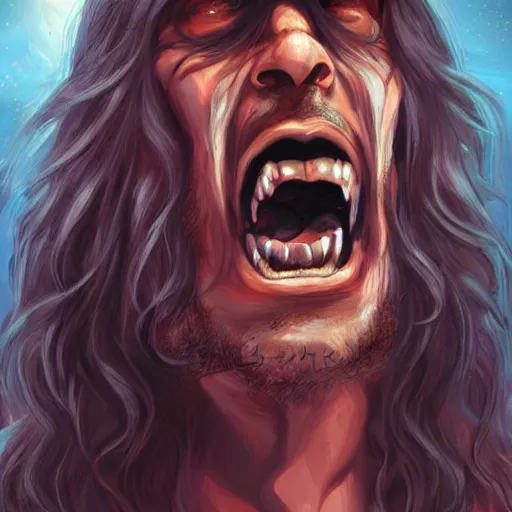 Image similar to crazy long haired man screaming in a star wars cantina, digital painting, award - winning sci - fi on art station, artgerm
