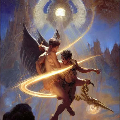 Image similar to attractive male deity casts light spell, summons attractive male lucifer morningstar. highly detailed painting by gaston bussiere, craig mullins, j. c. leyendecker 8 k