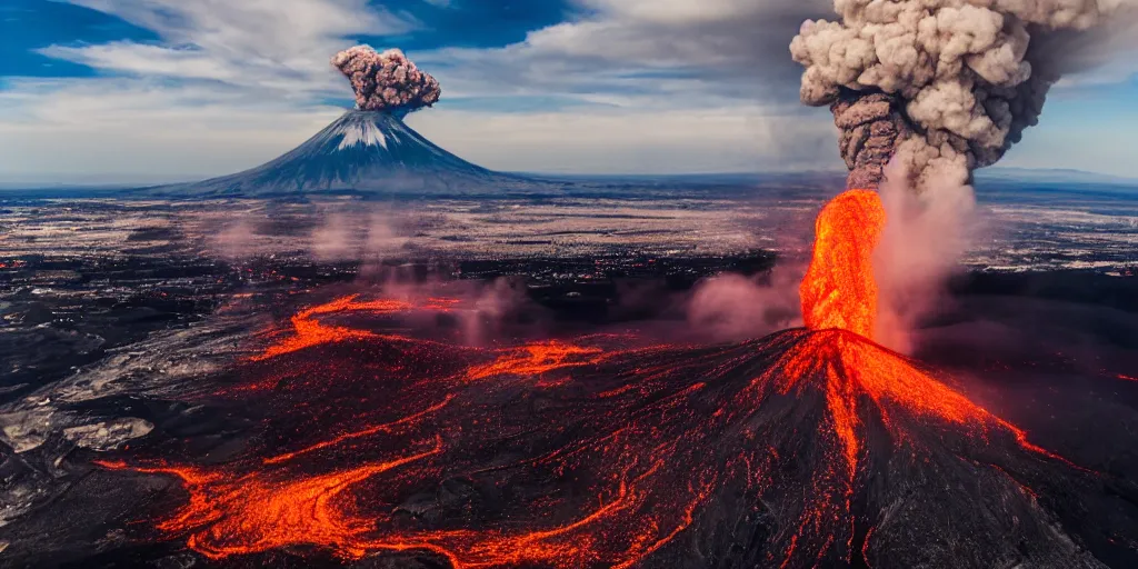 Prompt: an aerial view of an erupting volcano, sunset, no clouds, snowy mountain, lava going down the mountain, near big city,, thunders in the black smoke, dramatic filter