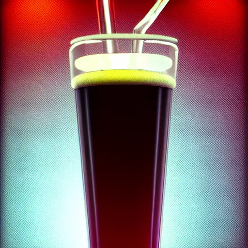 Prompt: crisp detailed photo of a tall glass of grape soda with dripping condensation, futuristic diner setting, cyberpunk atmosphere. DAZ. 3D.