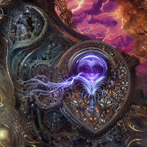 Prompt: biocomputer heart in intricate veils and storms with intricate jewels and intricate branches, on an epic oroboros, behind a large and detailed sculpted astrolabe, inside a cave with biomechanical flowers, dramatic atmosphere, Diffused lighting, highly detailed digital art, trending on artstation, depth of field