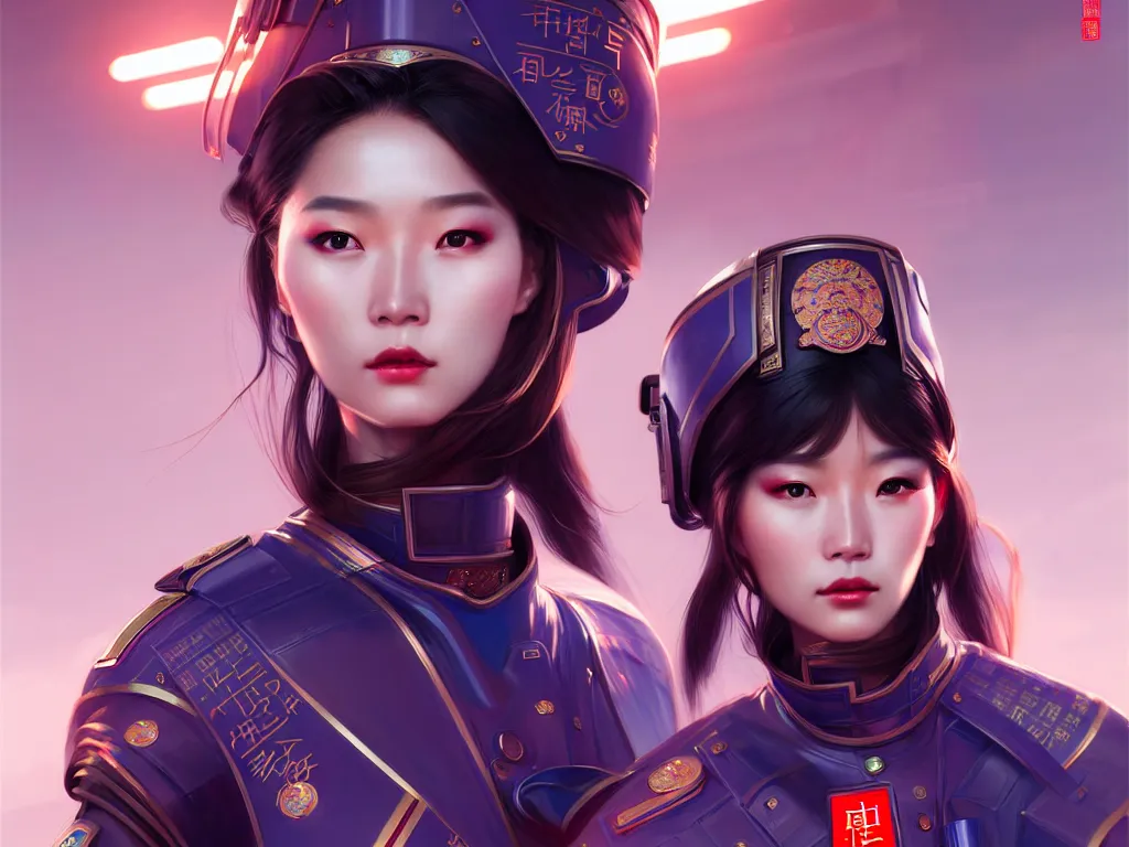 Image similar to portrait futuristic china police uniform female, at future neon light rooftop, ssci - fi and fantasy, intricate and very very beautiful and elegant, highly detailed, digital painting, artstation, concept art, smooth and sharp focus, illustration, art by tan zi and ayanamikodon and alphonse mucha and wlop