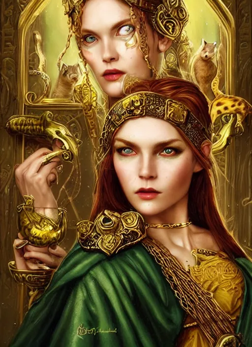 Prompt: beautiful viking woman surrounded by treasure and gold, perfect face, green eyes, wearing an ornate golden robe, two cats in background, tom bagshaw