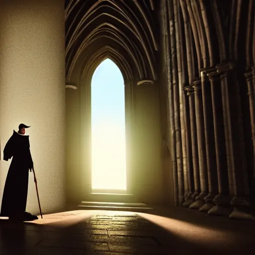 Prompt: a wizard standing in front of a portal opening up inside a cathedral. fantasy. octane render. dramatic shadows.