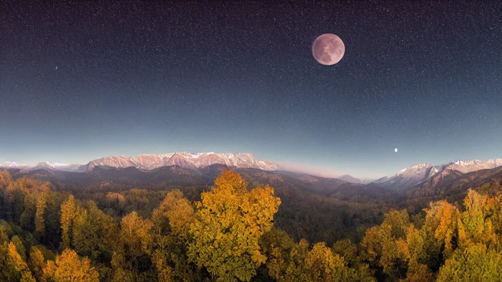 Image similar to Panoramic photo where the mountains are towering over the valley below their peaks shrouded in mist. The moon is just peeking over the horizon and the sky is covered with stars and clouds. The river is winding its way through the valley and the trees are starting to turn yellow and red