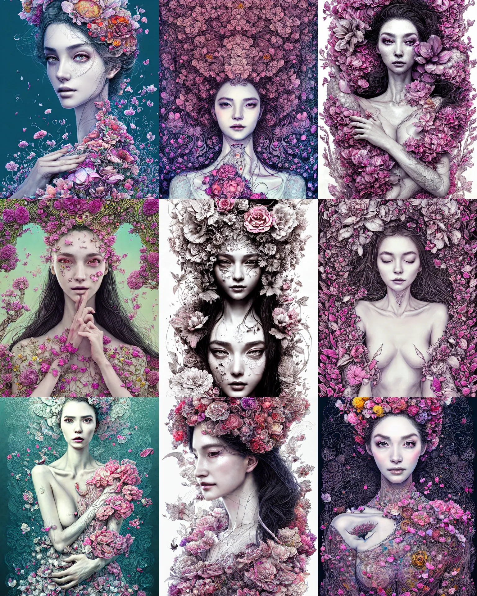 Prompt: the portrait of an absurdly beautiful, graceful, elegant, and perky woman made of petals, an ultrafine detailed illustration by vania zouravliov, rossdraws, nekro, intricate linework, bright colors, final fantasy, behance contest winner, angular, unreal engine 5 highly rendered, global illumination, radiant light, detailed and intricate environment