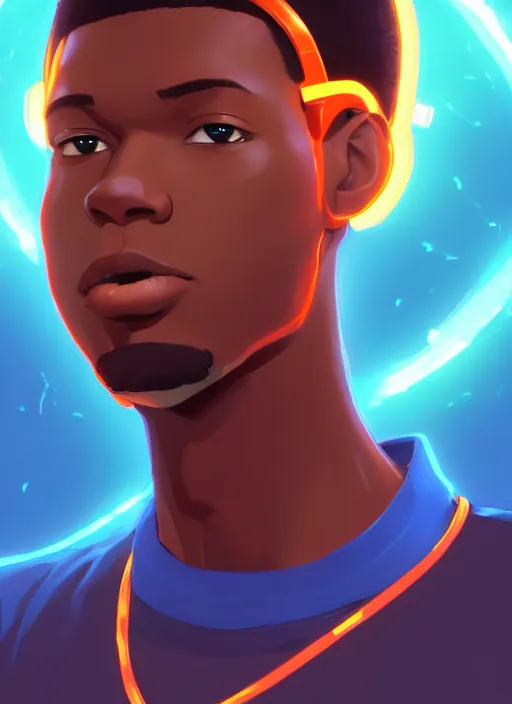 Prompt: handsome african - american engineer stepping through an electric portal, male and full body shot | hyperrealistic digital painting by makoto shinkai, ilya kuvshinov, lois van baarle, rossdraws | afrofuturism in the style of hearthstone and overwatch, trending on artstation | orange highlights and complimentary colors