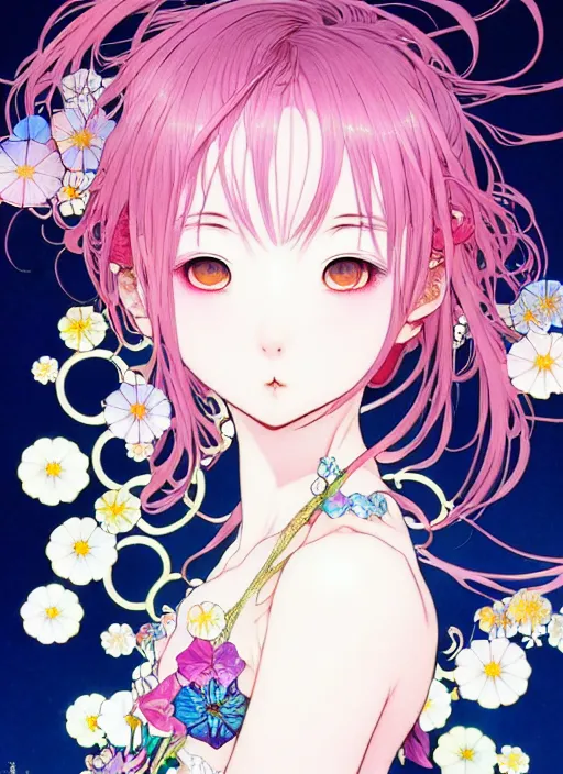 Image similar to exquisite imaginative manga poster portrait art of vampries girl, flowers, pearlescent, shimmering, reflective, rim light, clear face, detailed background, by kojima ayami, shigenori soejima, minaba hideo, alphonse mucha, dark fantasitic, illustration, artstation, pivix, concept art, highly detailed, colorful, maximalist