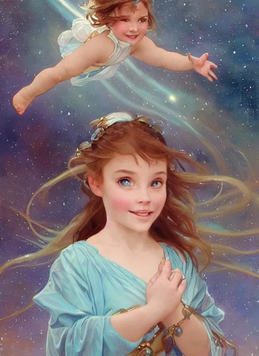 Image similar to a cute little girl with blue eyes, and short wavy light brown hair smiles as she floats in space with stars all around her. she is wearing a turquoise space themed dress. beautiful painting by artgerm and greg rutkowski and alphonse mucha