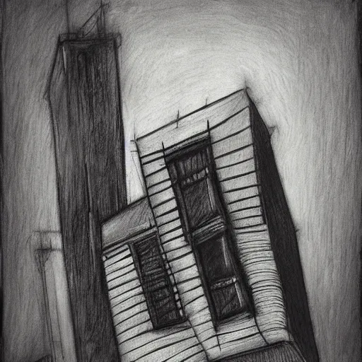 Prompt: Slanted building nightmare art, gothic style, charcoal, rough strokes,