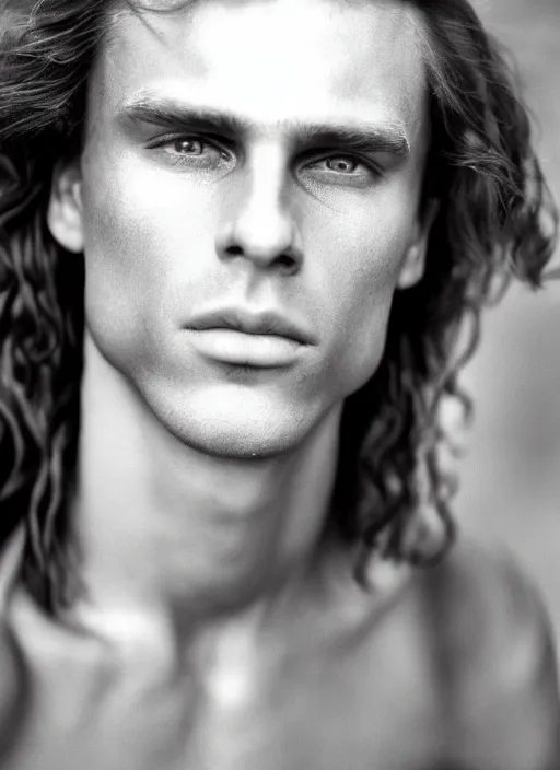 Image similar to a very skinny young Tarzan close-up portrait of young white male, with long straight slicked back brown hair shoulder length