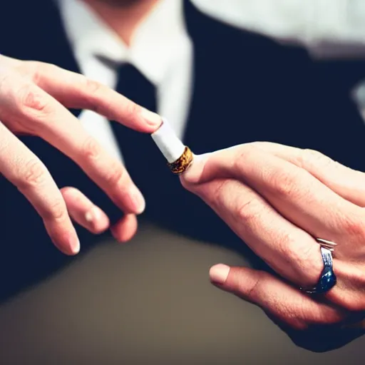 Image similar to normal man's hand with five fingers and a ring and a cigarette between the fingers