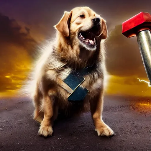 Image similar to a canine thor holding his hammer, dramatic lightning background