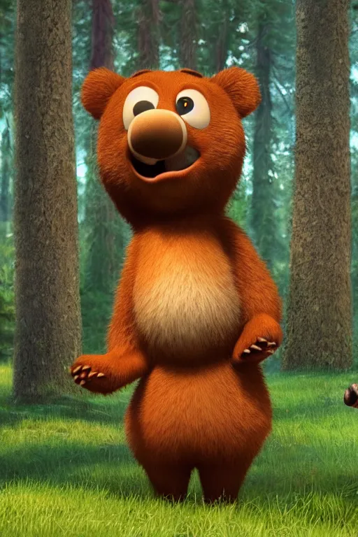 Image similar to cinematic shot of a cute anthropomorphic bear standing in the forest with his hands on his waist by greg rutowski and his face by pixar with a warm smile and big green eyes, full view of bear, anatomically correct body, disney, yogi bear, studio ghibli, 8 k, masterpiece