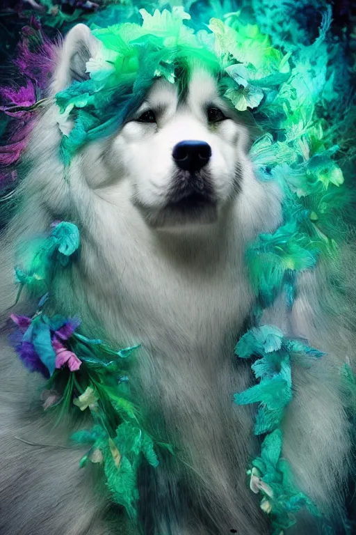 Image similar to flowery long haired alaskan malamute in a bioluminescent forest by malgorzata kmiec and alberto seveso, beautiful, ethereal