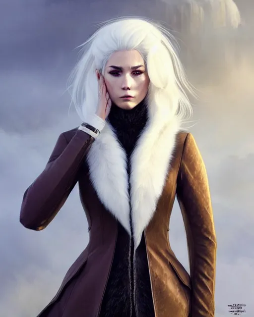 Image similar to dragon hunter wearing a fur - lined dragonhide jacket!!! beautiful and gorgeous elegant white haired female!! symmetry, character concept art, sharp focus, illustration, art by artgerm!! greg rutkowski magali villeneuve wlop!! ilya kuvshinov!! charlie bowater! octane render, unreal engine 5! highly rendered!!