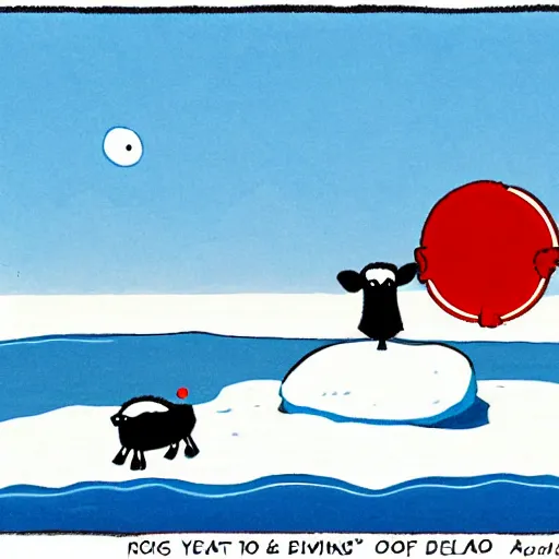 Image similar to cartoon drawing of a seal tossing a red ball with a sheep in antarctica. the seal's head is sticking out above the water and the sheep is standing near the edge of ice