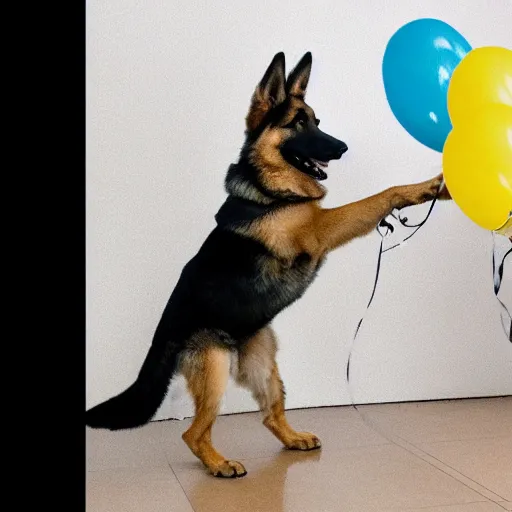 Prompt: a cartoon of a German shepherd playing with balloons