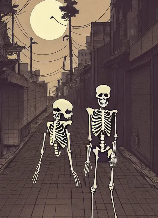 Prompt: skeleton couple, scenery wallpaper aesthetic, anime style, closeup view, beautiful, cinematic, dramatic, super detailed and intricate, hyper realistic, by satoshi kon, by koson ohara, by darwyn cooke