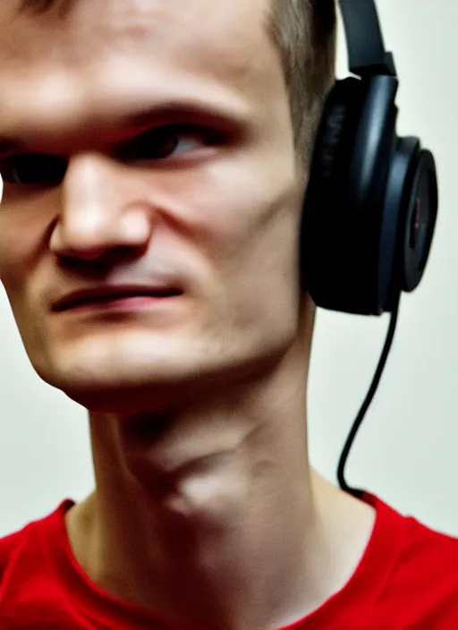 Prompt: vitalik buterin in headphones. vitalik buterin, medium shot, perfect symmetric face, coherent eyes, cute happy face, fine details., very sharp, 4 k, pixar, hans zatska