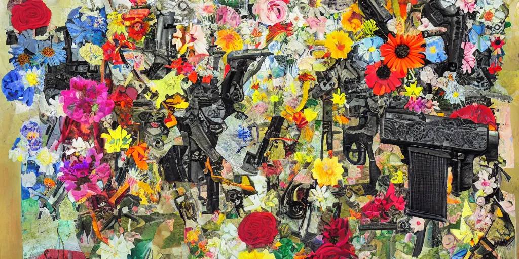 Image similar to guns and flowers, collage, acrylic on canvas, expressionism movement, breathtaking detailed, by blake neubert, style by peter bankov