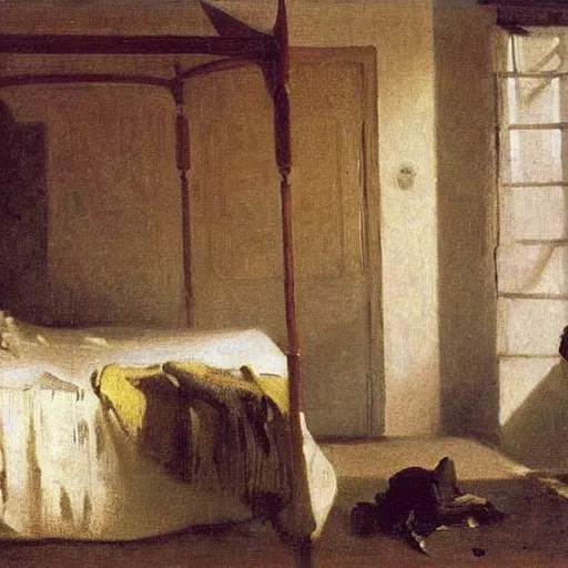 Prompt: the sunlight rays of golden hour shine upon a peaceful bedroom. still life., by camille corot