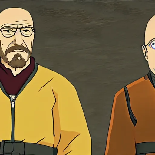 Prompt: Walter White and Jesse Pinkman in avatar the last Airbender, screenshot, still, digital art, highly detailed, in the style of Avatar the Last airbender, in the style of The Legend of Korra