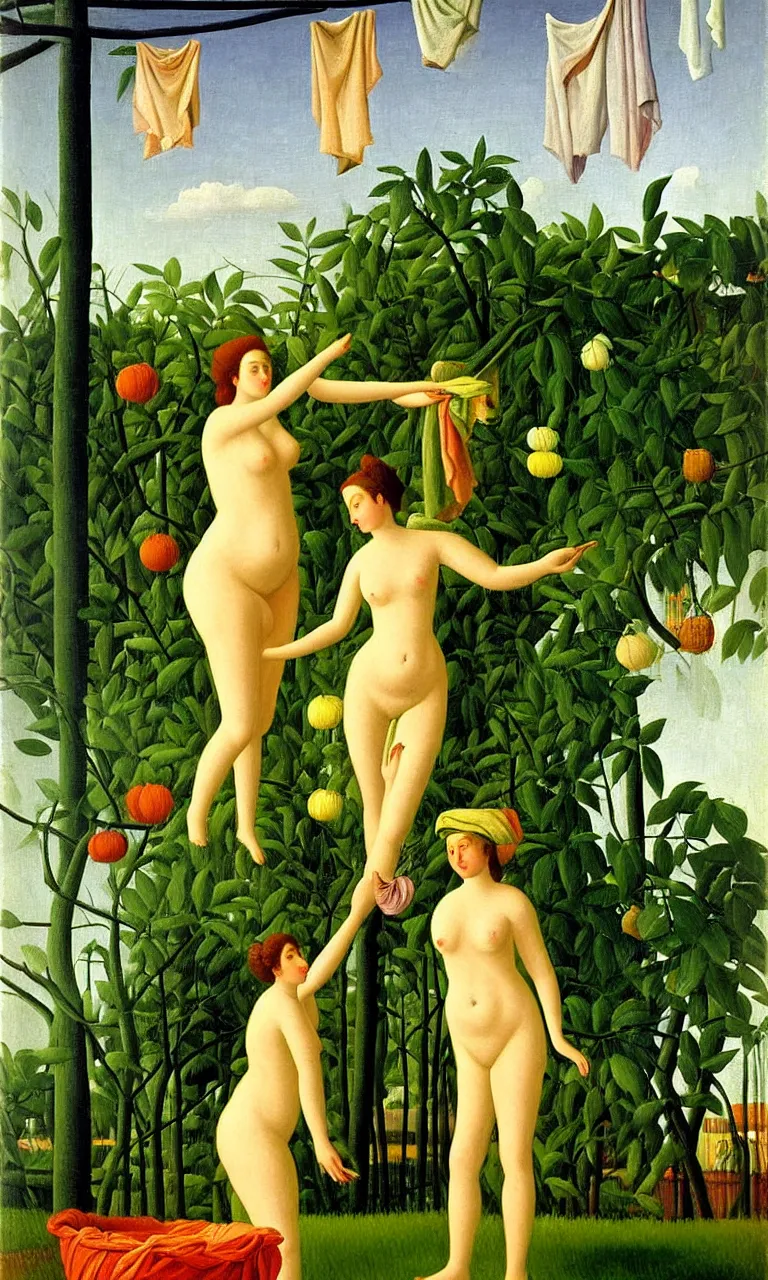 Prompt: the goddess venus emerging from a washing machine. behind her we see sheets of colour bedding hanging on a laundry line. in the background we see a factory. detailed oil painting. henri rousseau. impressionism, colourful