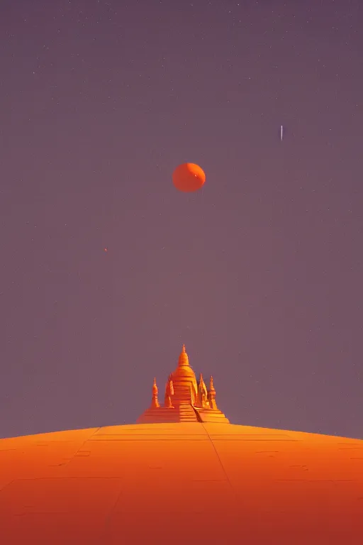 Image similar to tibetan stupa glowing orange in canyon, geometric lines in the sky, floating planets, dramatic lighting, artstation, matte painting, ralph mcquarrie, simon stalenhag