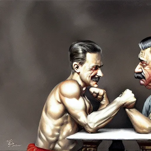 Image similar to picture of ( ( arm wrestling between young vladimit putin and old iosif stalin ) ) in apocalyptic russia, hyperrealistic, digital concept art,, caricature illustration, art by gaston bussiere