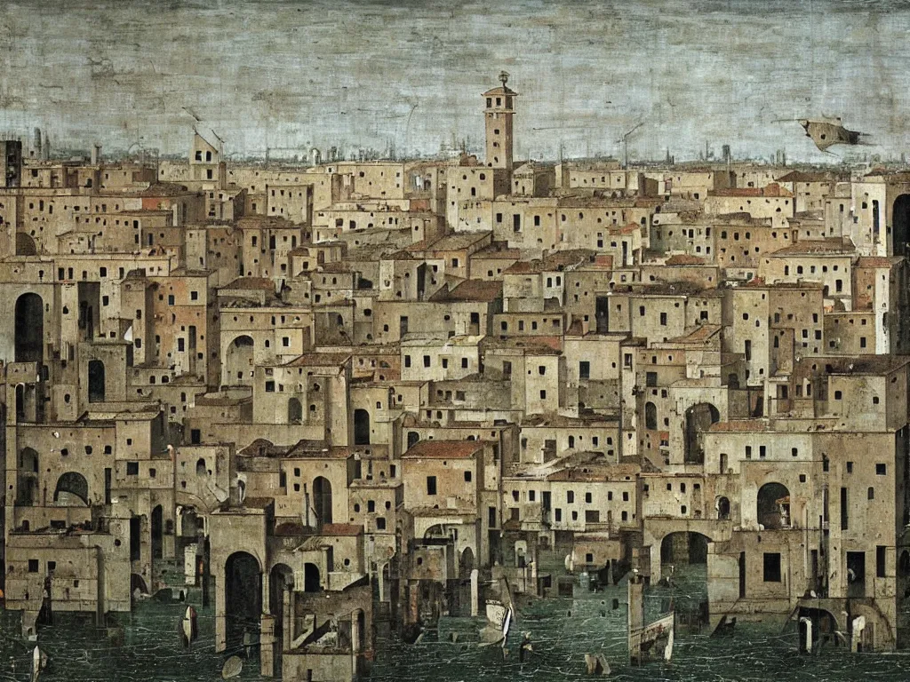 Prompt: Brutalist deserted absurd water city. Torrential rain. Painting by Bernardo Bellotto, Piero della Francesca