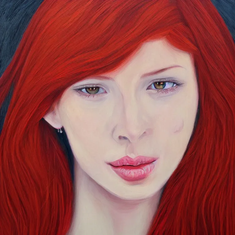 Prompt: front portrait of a red-haired girl. Intricately detailed acrylic painting